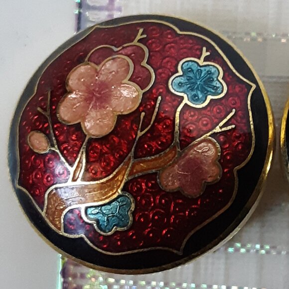 Vintage Floral Enamel Cloisonné Clip On Gold Tone Earrings - Picture 3 of 9